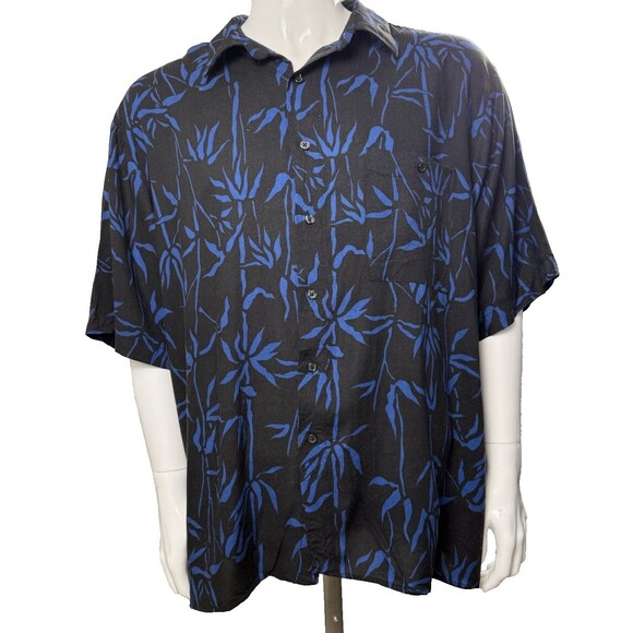 Vintage Hawaiian Shirt Men XXL Crossings Bamboo Black Blue Rayon Camp Rockabilly - Picture 1 of 4